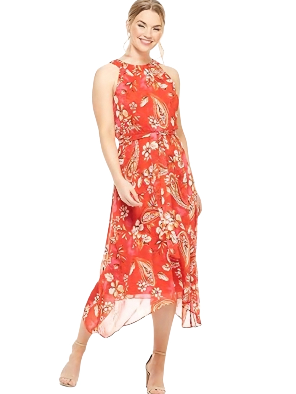 London Times Chiffon Paisley Floral Paisley Belted Zip Midi Dress